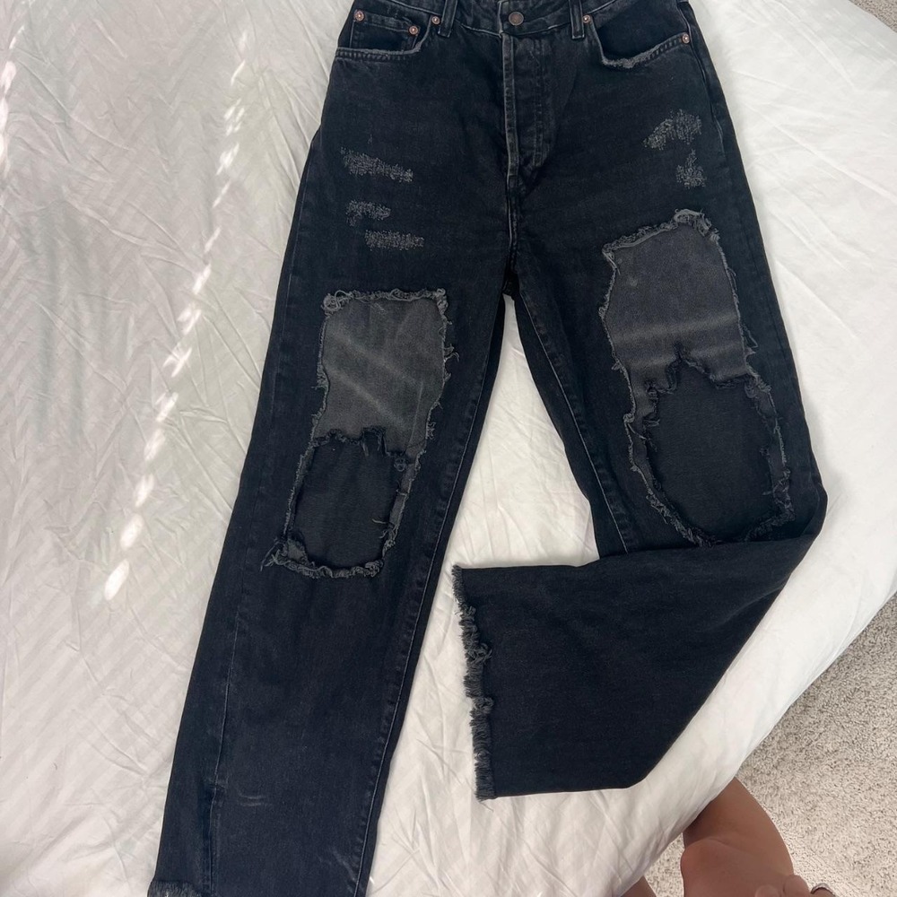 We The Free Free People Black Washed Distressed Wide Leg Jeans Raw Hem – Size 28